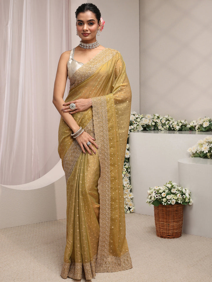 Green Woven Design Tissue Saree With Unstitched Blouse Piece