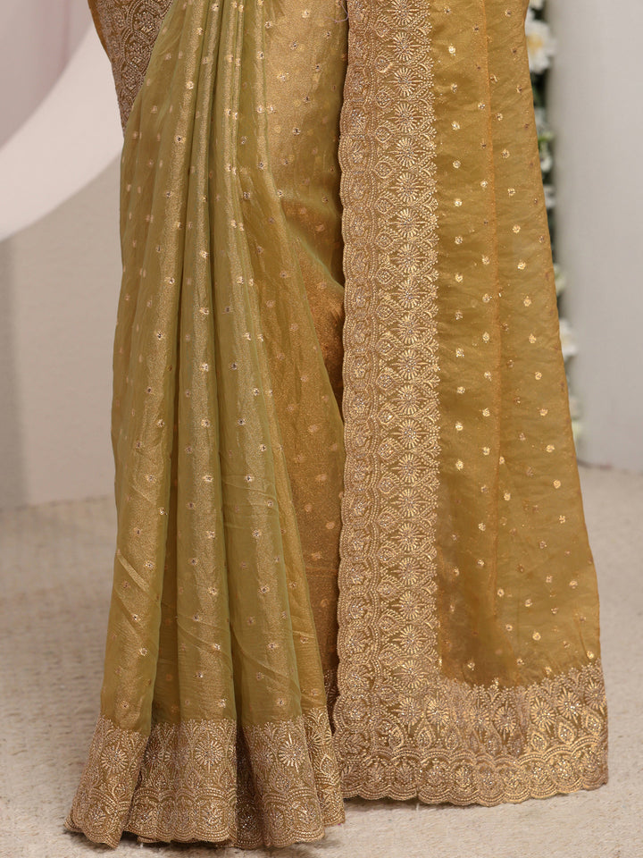Green Woven Design Tissue Saree With Unstitched Blouse Piece