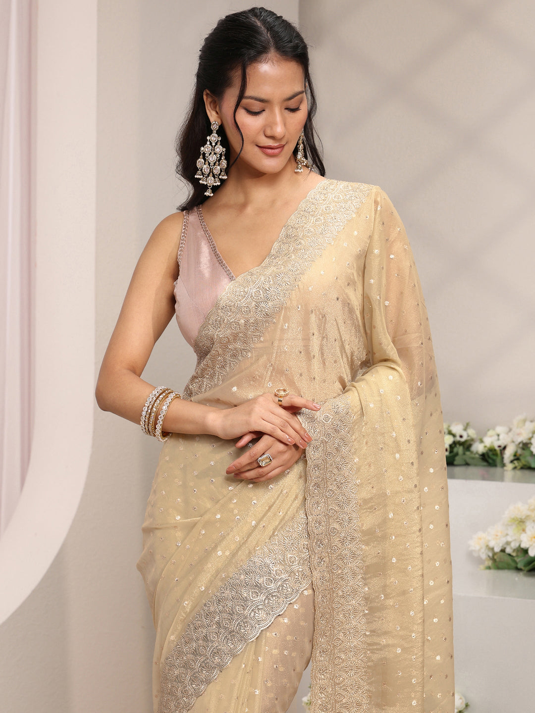Beige Woven Design Tissue Saree With Unstitched Blouse Piece