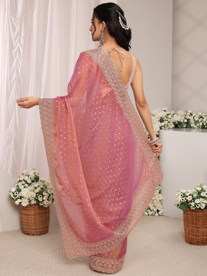 Pink Woven Design Tissue Saree With Unstitched Blouse Piece