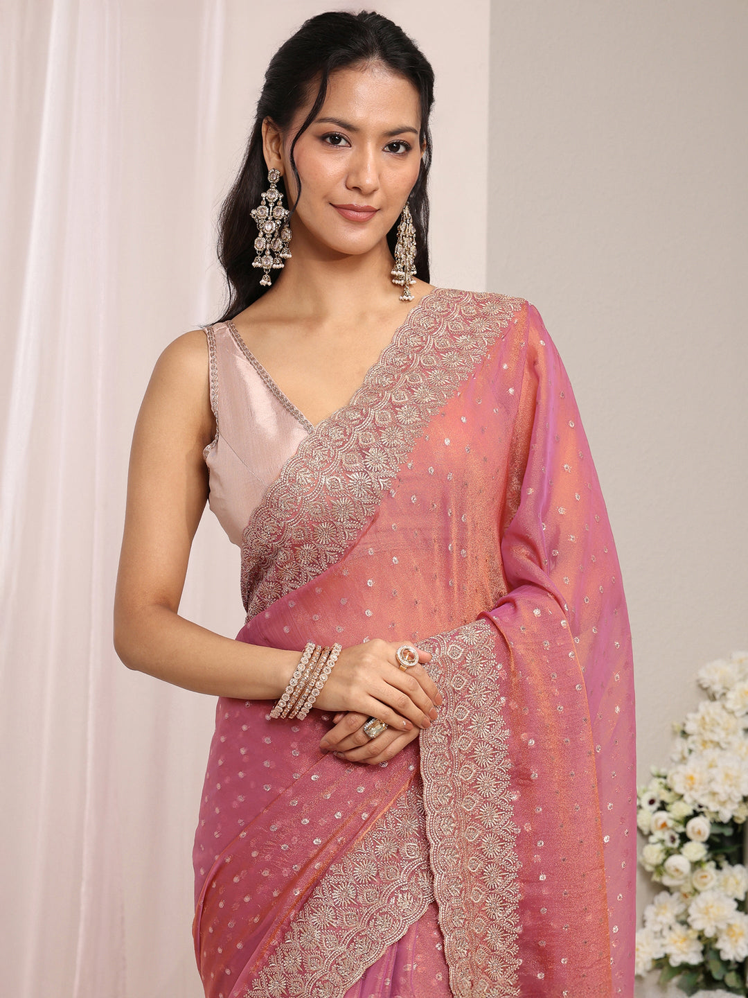 Pink Woven Design Tissue Saree With Unstitched Blouse Piece