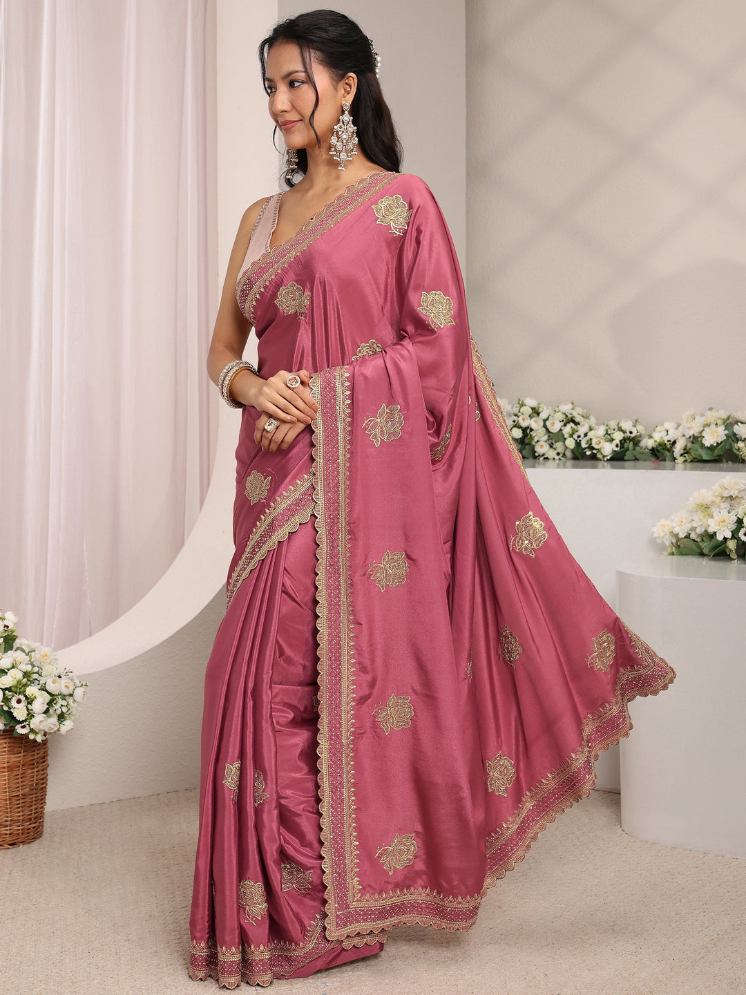 Mauve Floral Embroidered Satin Saree With Unstitched Blouse Piece