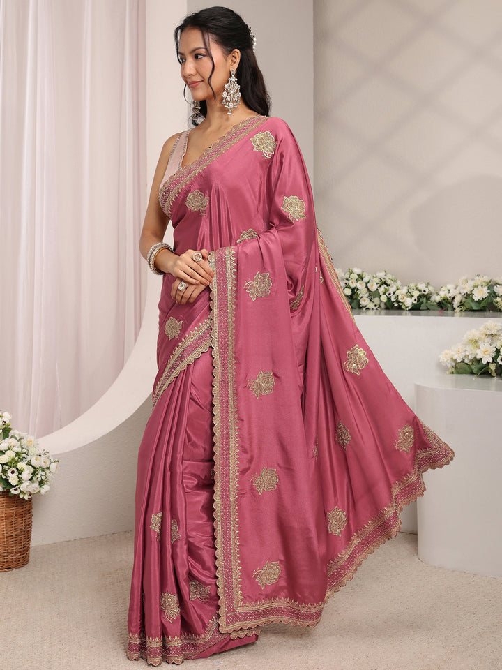 Mauve Floral Embroidered Satin Saree With Unstitched Blouse Piece