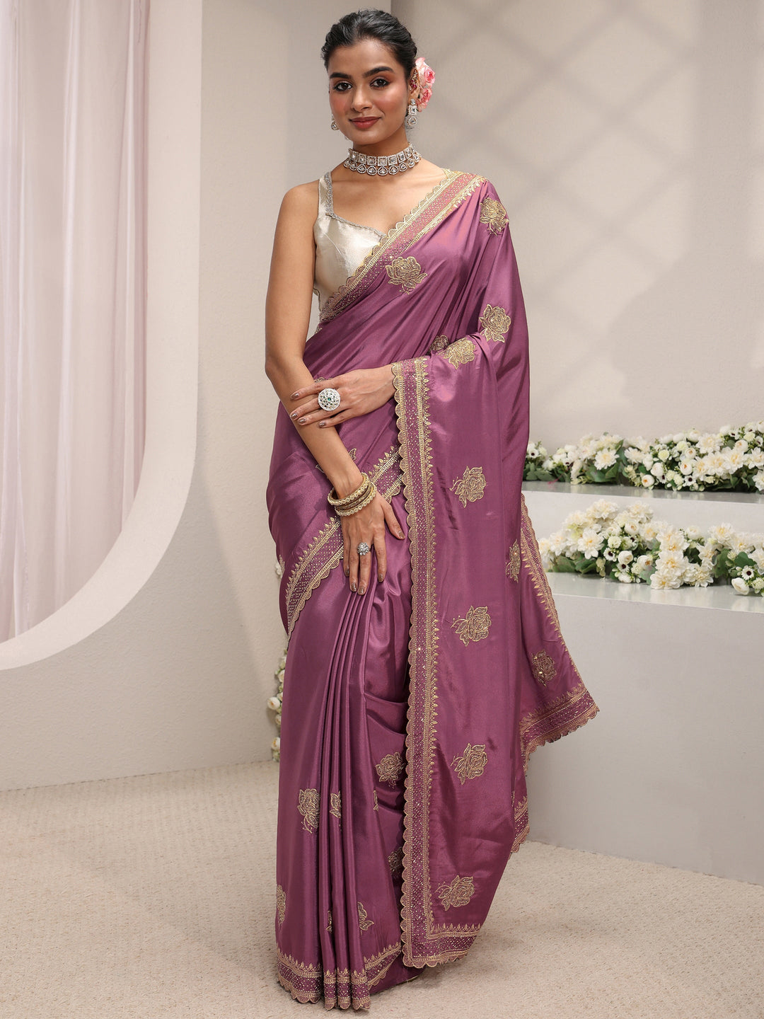 Libas Purple Floral Embroidered Satin Saree With Unstitched Blouse Piece