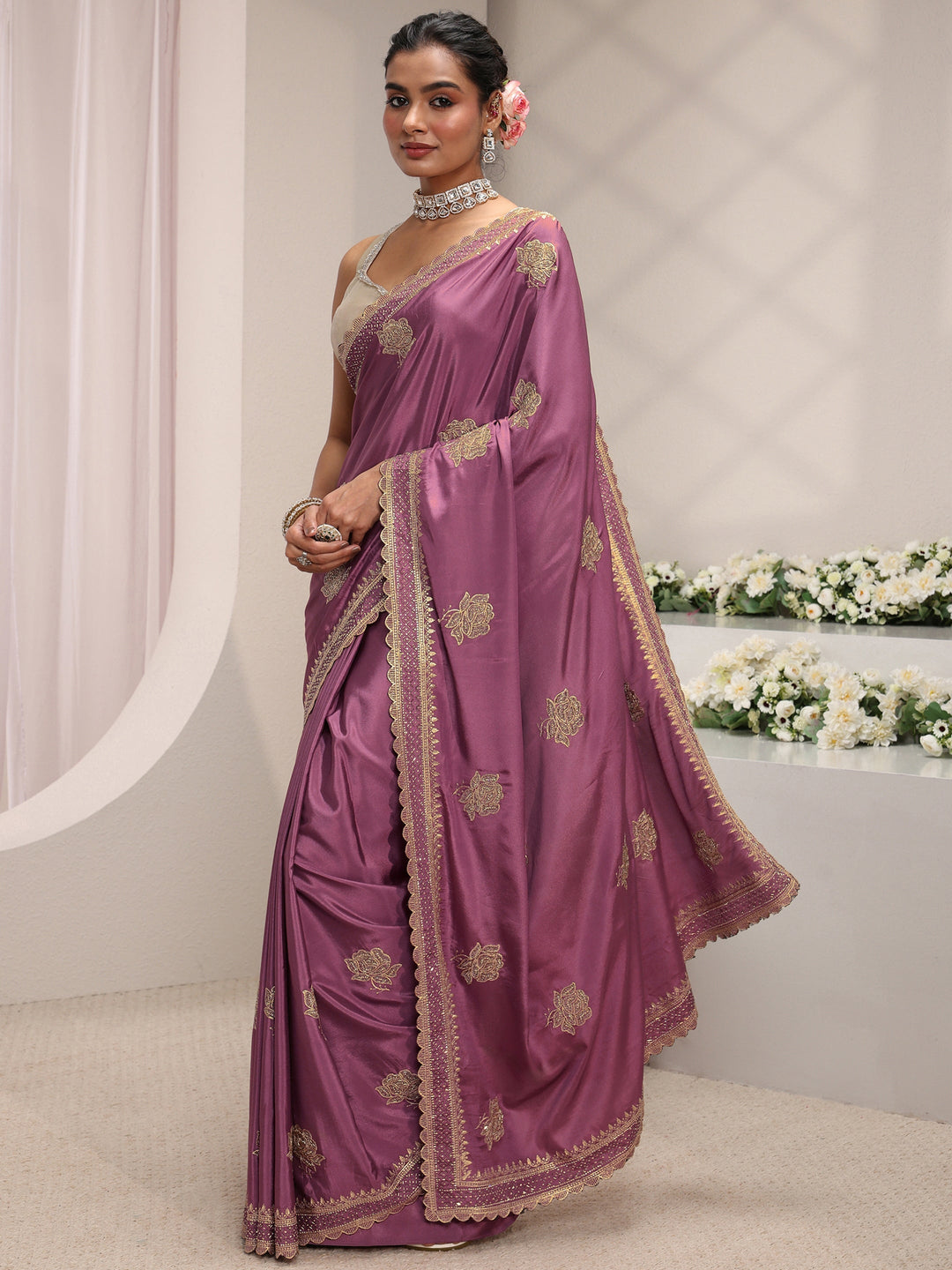 Libas Purple Floral Embroidered Satin Saree With Unstitched Blouse Piece