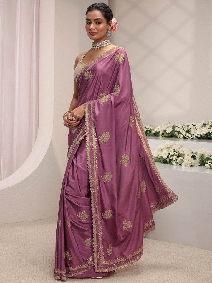 Libas Purple Floral Embroidered Satin Saree With Unstitched Blouse Piece