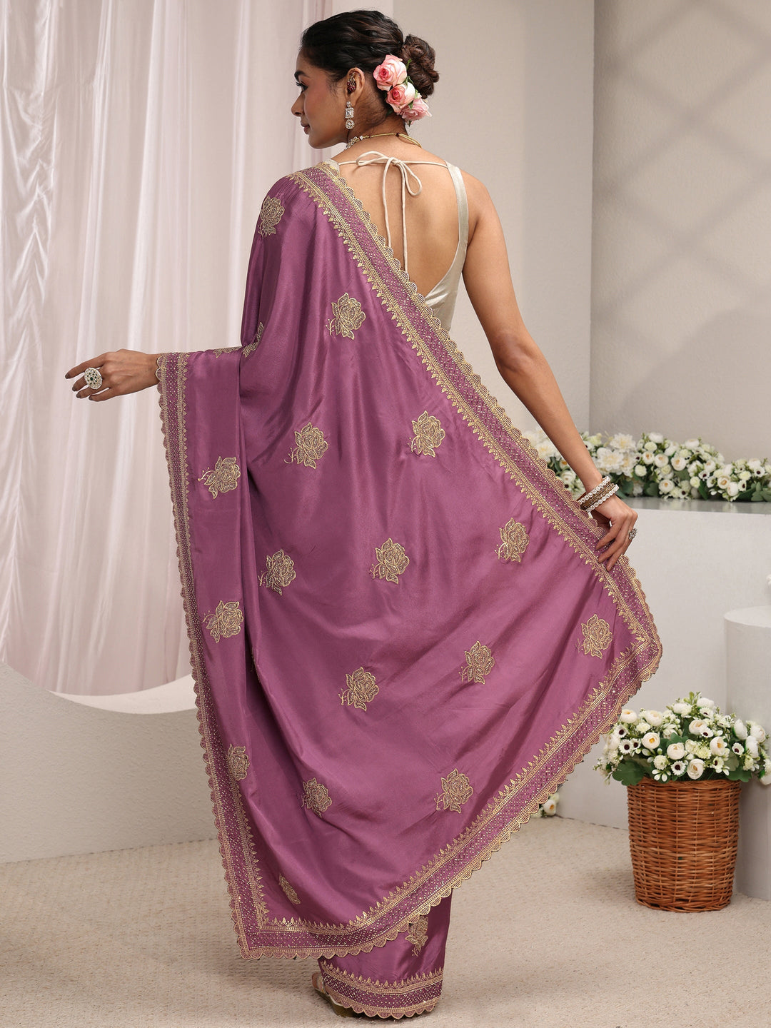 Libas Purple Floral Embroidered Satin Saree With Unstitched Blouse Piece