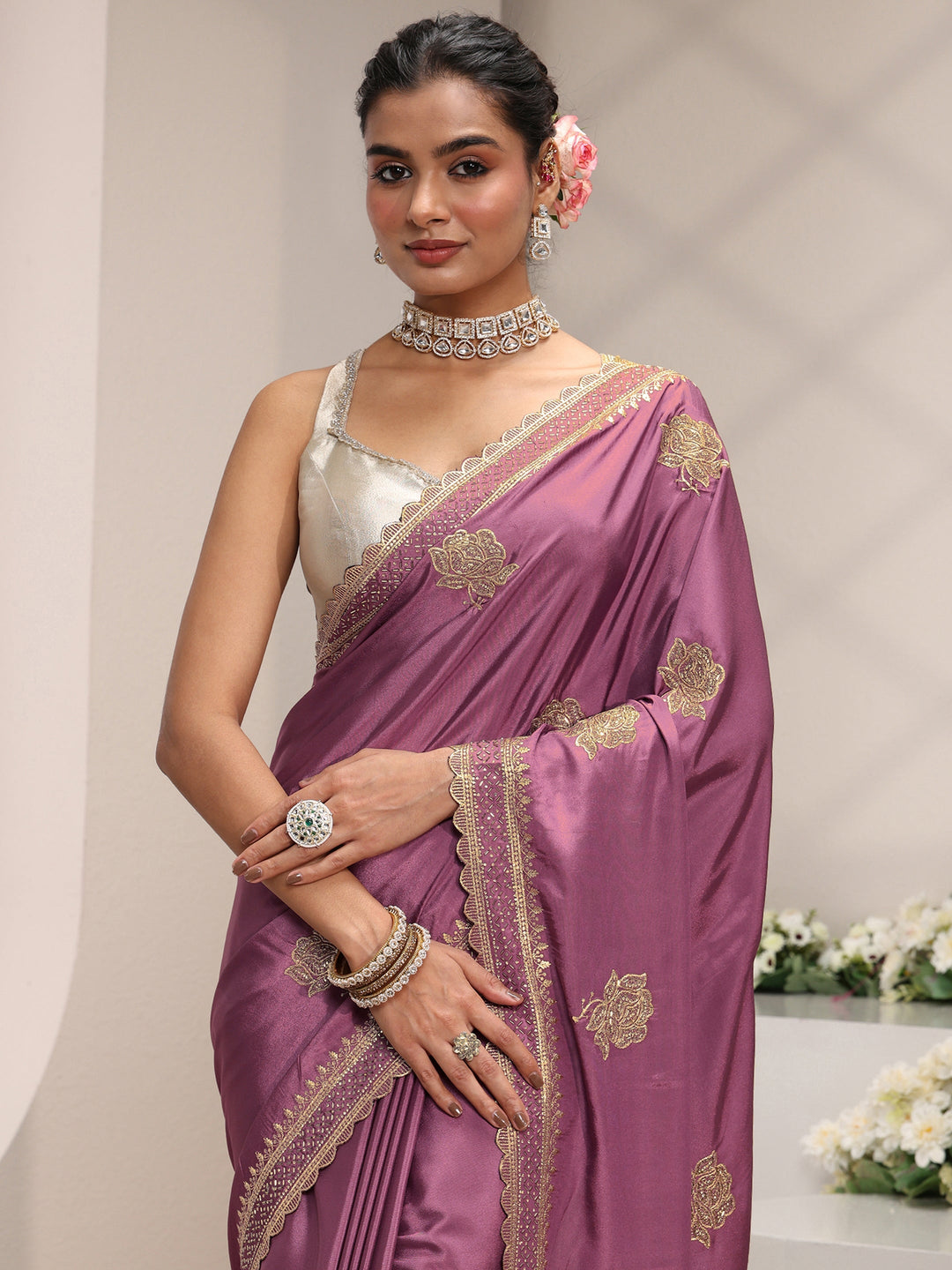 Libas Purple Floral Embroidered Satin Saree With Unstitched Blouse Piece