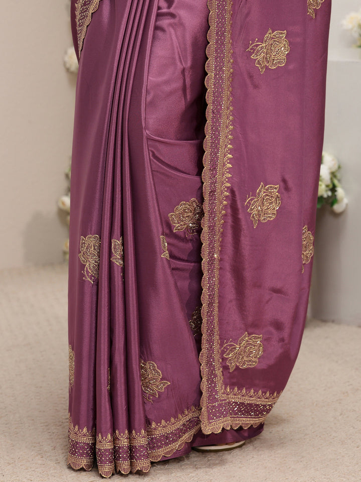 Libas Purple Floral Embroidered Satin Saree With Unstitched Blouse Piece