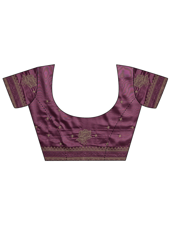 Purple Floral Embroidered Satin Saree With Unstitched Blouse Piece