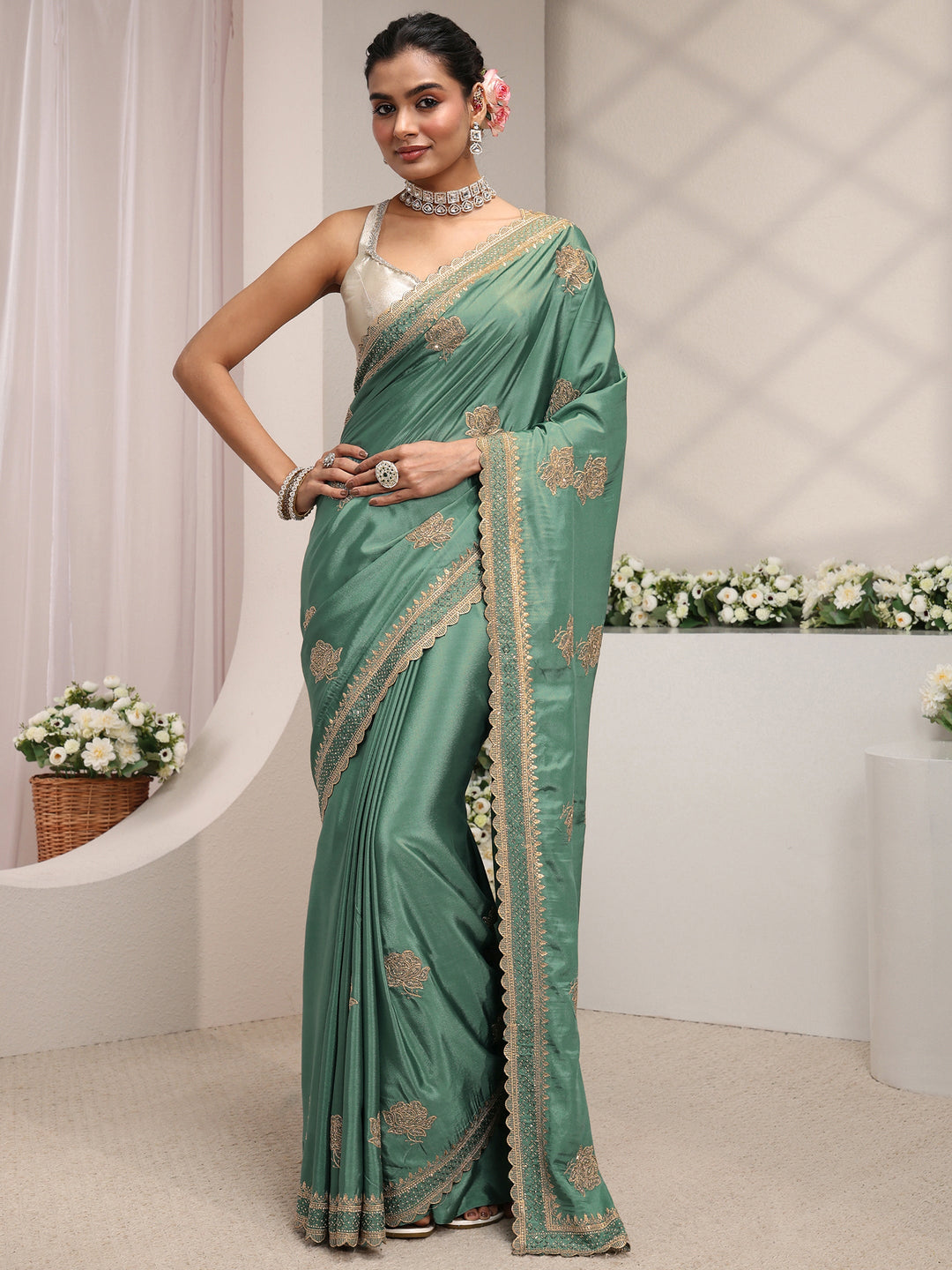 Green Floral Embroidered Satin Saree With Unstitched Blouse Piece