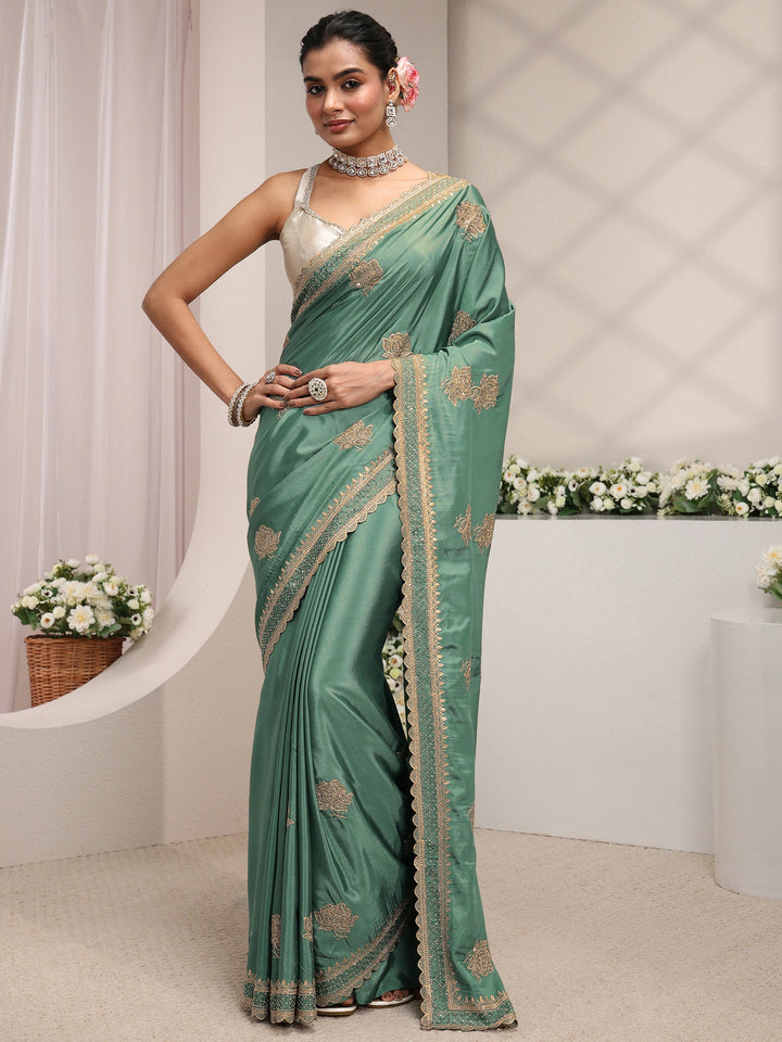 Green Floral Embroidered Satin Saree With Unstitched Blouse Piece