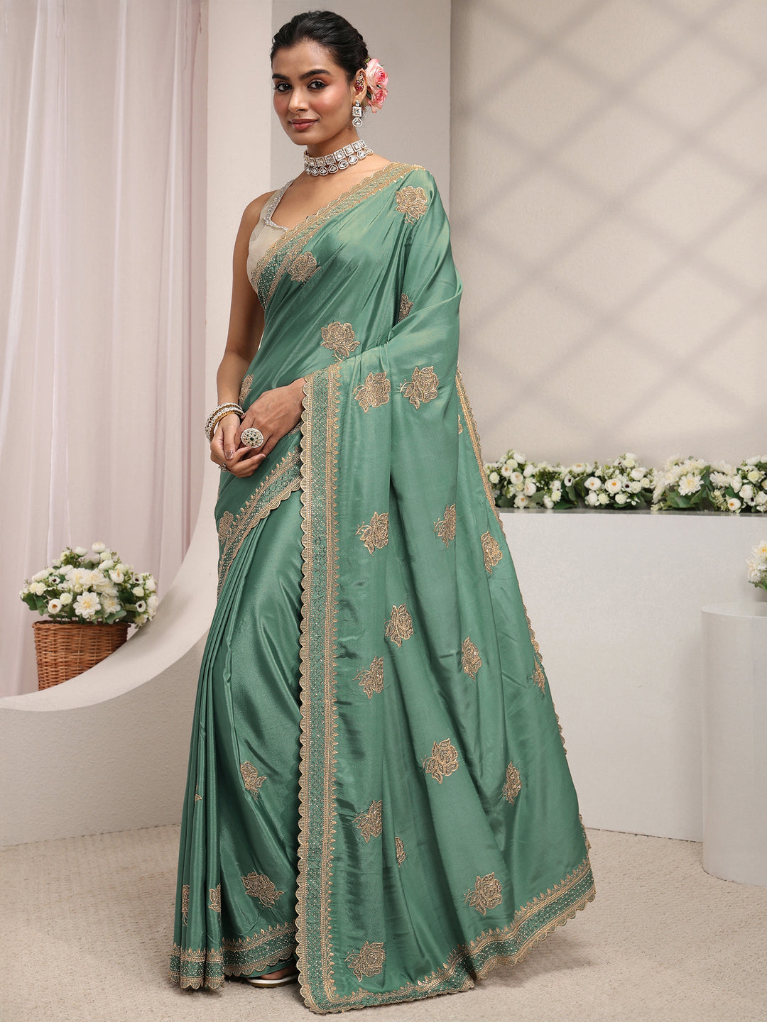Green Floral Embroidered Satin Saree With Unstitched Blouse Piece