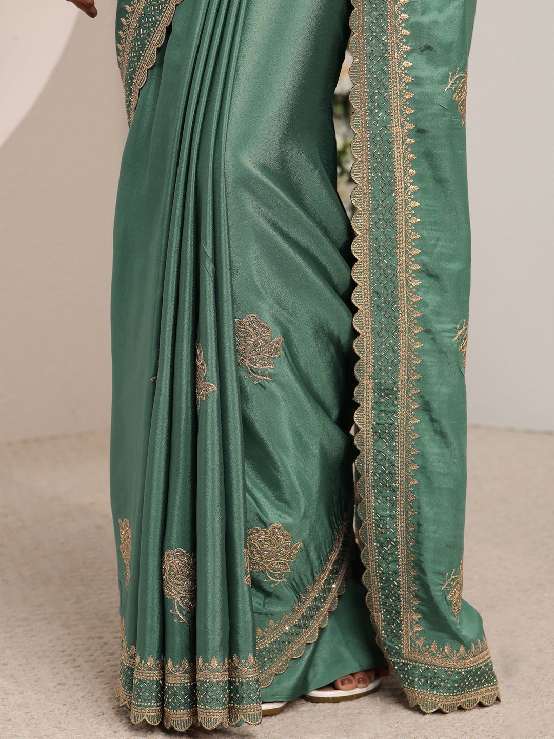 Green Floral Embroidered Satin Saree With Unstitched Blouse Piece