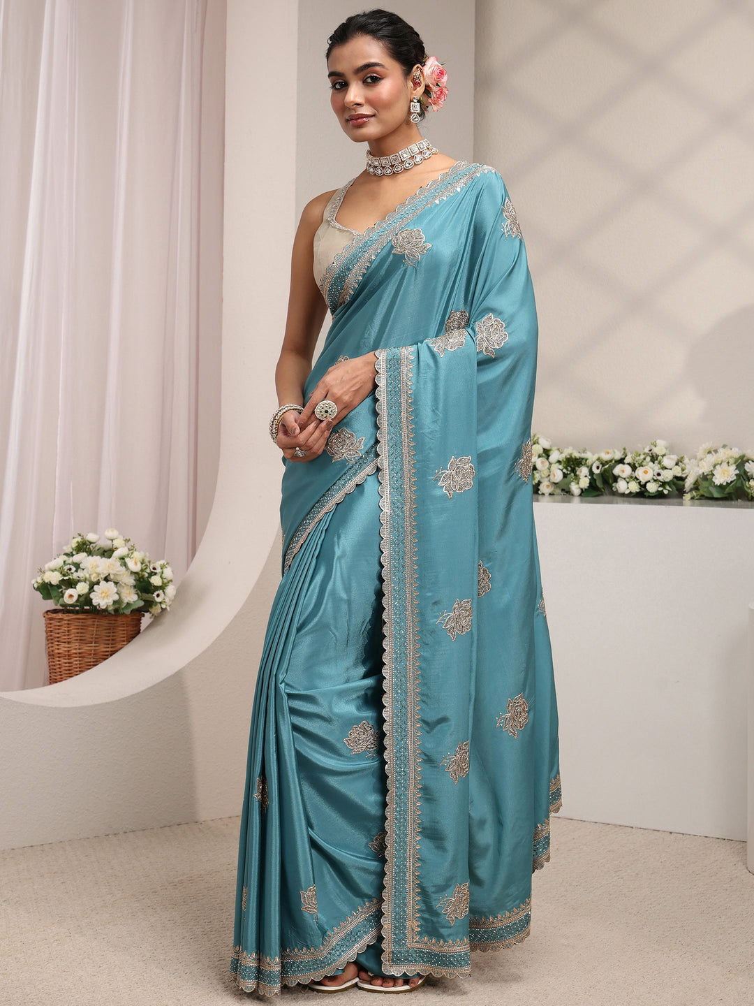 Libas Blue Floral Embroidered Satin Saree With Unstitched Blouse Piece