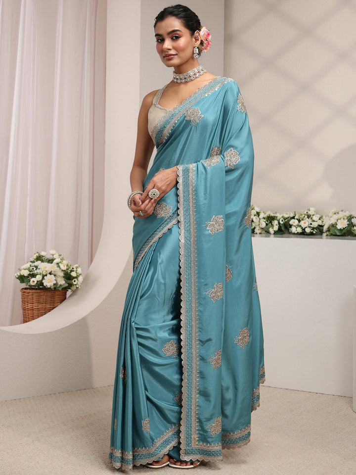 Libas Blue Floral Embroidered Satin Saree With Unstitched Blouse Piece