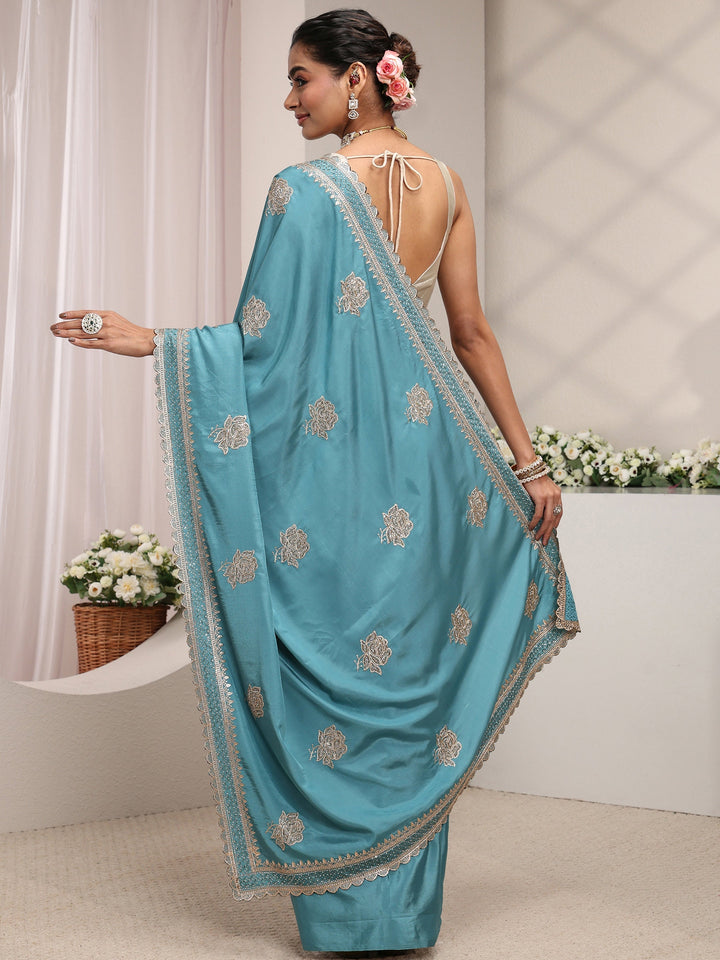 Libas Blue Floral Embroidered Satin Saree With Unstitched Blouse Piece