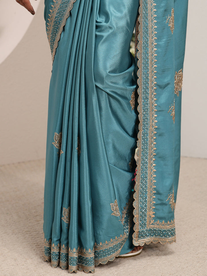 Libas Blue Floral Embroidered Satin Saree With Unstitched Blouse Piece