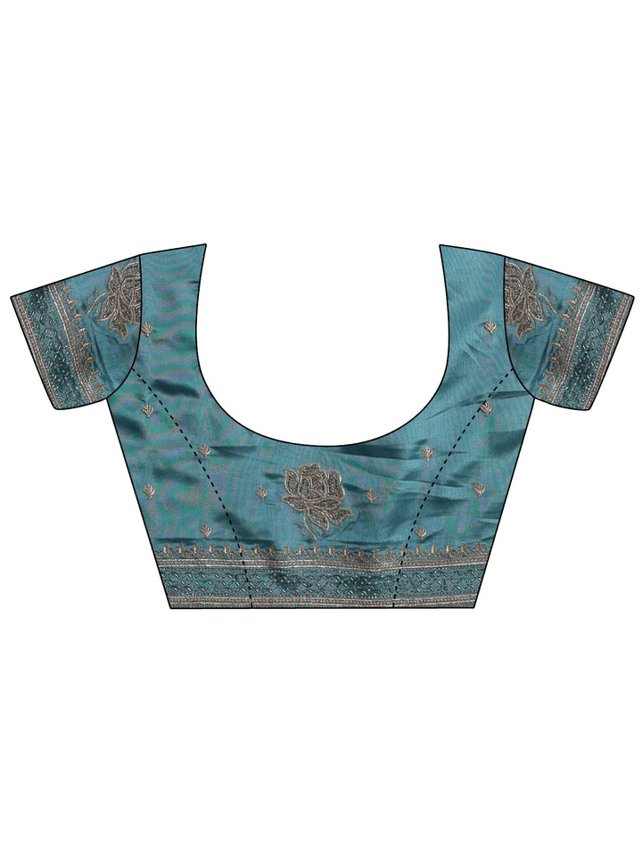 Libas Blue Floral Embroidered Satin Saree With Unstitched Blouse Piece