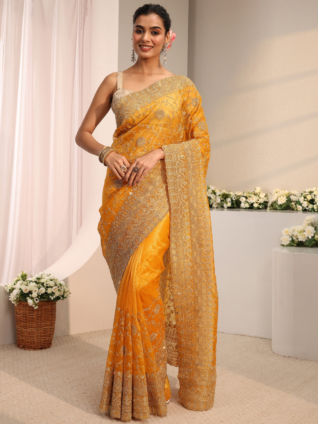 Libas Mustard Floral Embellished Net Saree With Unstitched Blouse Piece