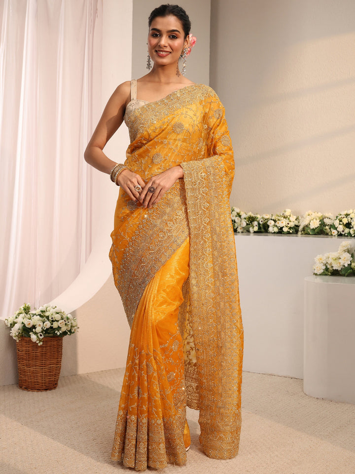 Libas Mustard Floral Embellished Net Saree With Unstitched Blouse Piece
