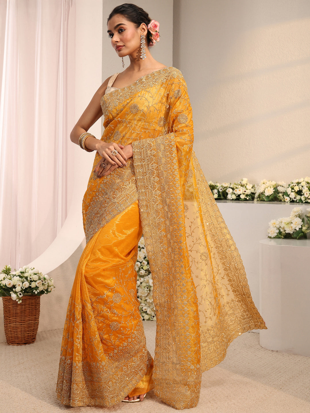 Libas Mustard Floral Embellished Net Saree With Unstitched Blouse Piece