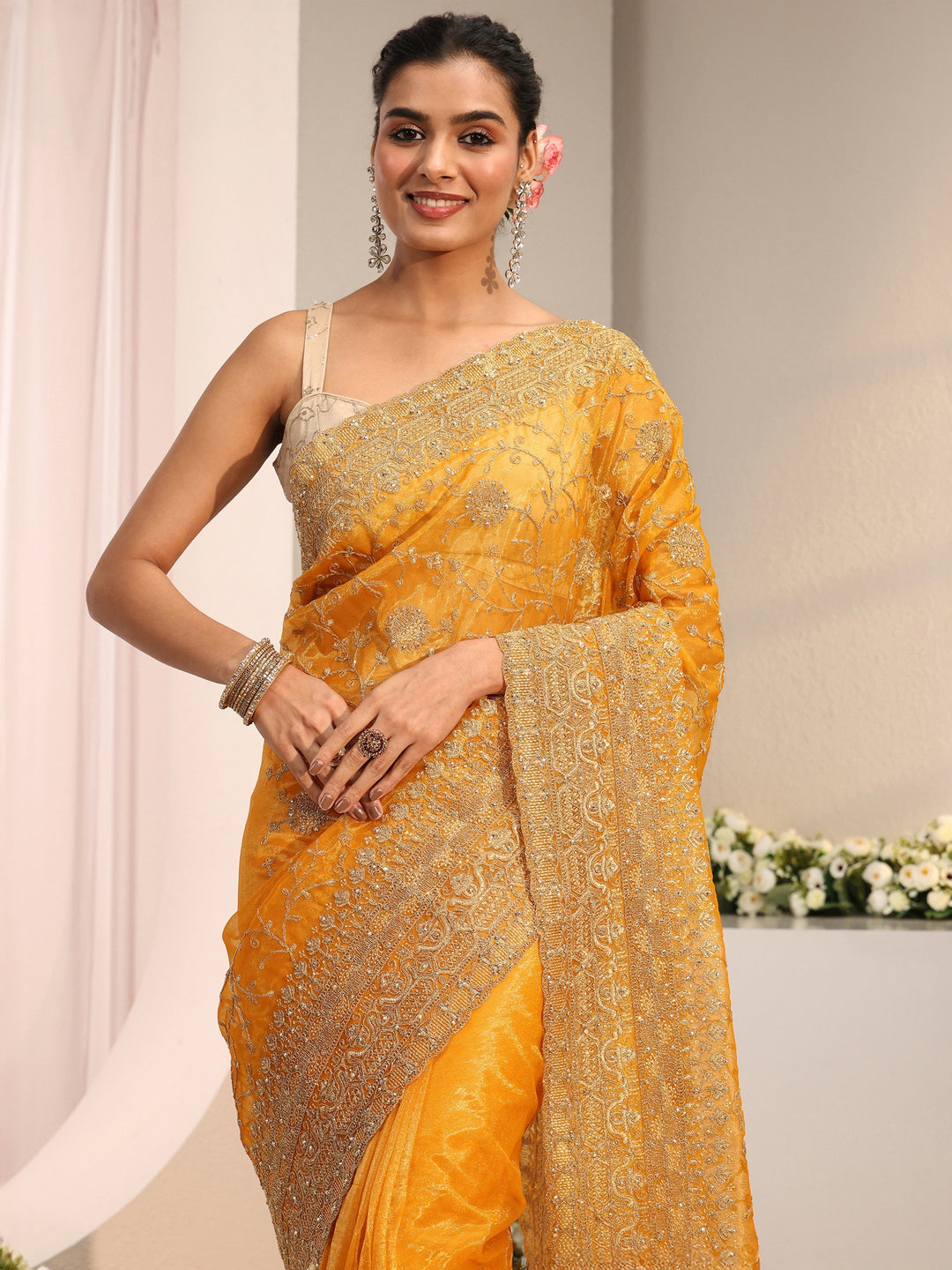 Libas Mustard Floral Embellished Net Saree With Unstitched Blouse Piece