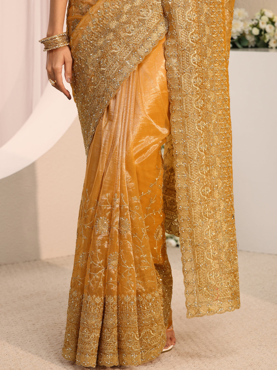 Beige Floral Embellished Net Saree With Unstitched Blouse Piece
