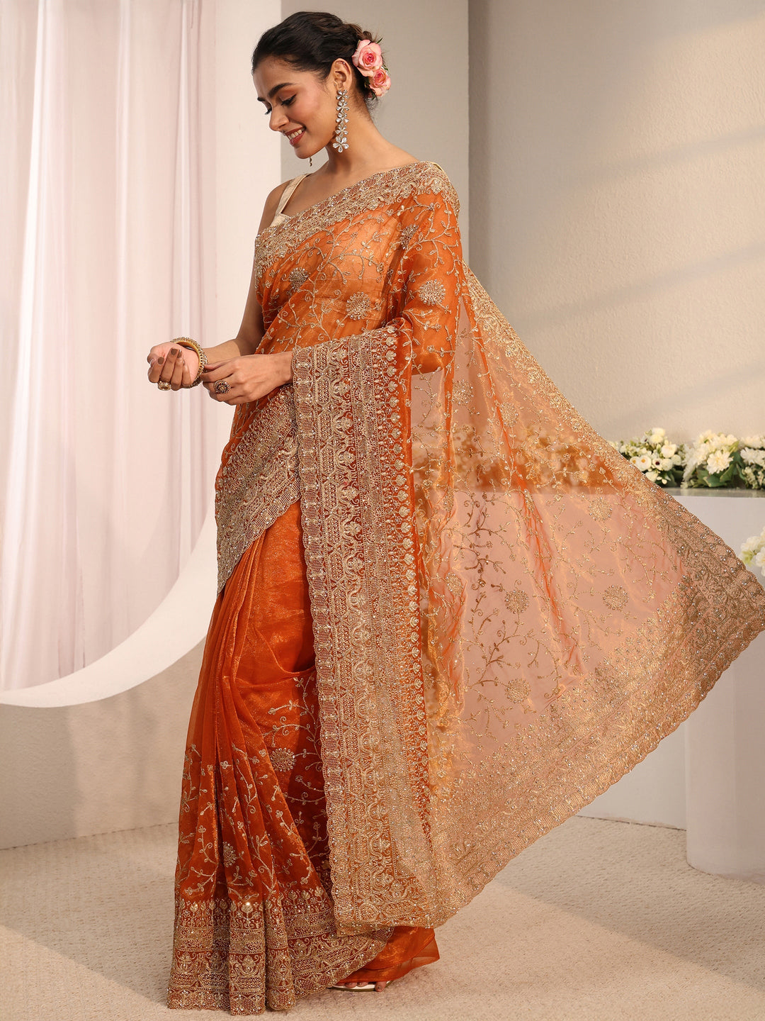 Libas Orange Floral Embellished Net Saree With Unstitched Blouse Piece