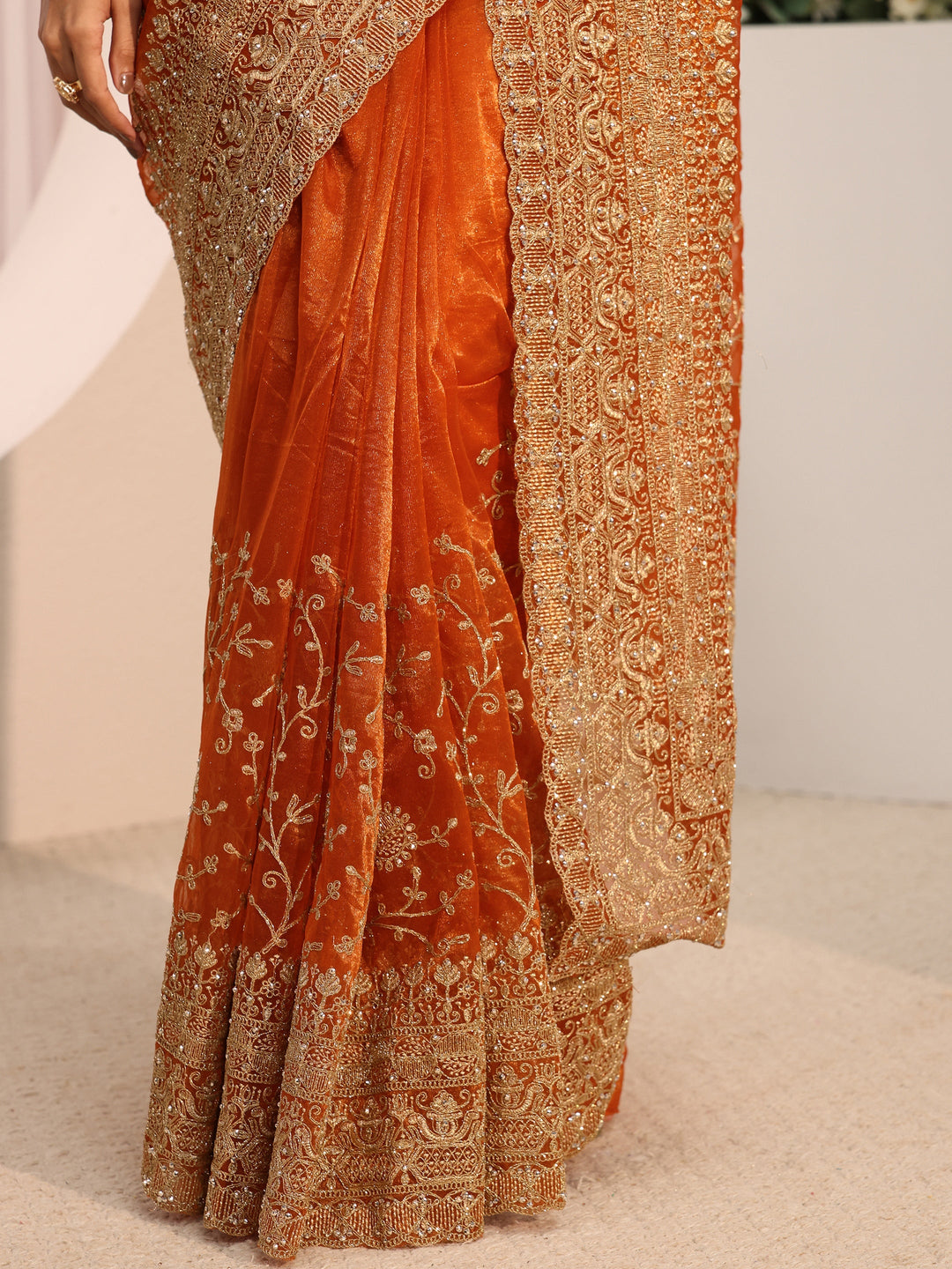 Orange Floral Embellished Net Saree With Unstitched Blouse Piece
