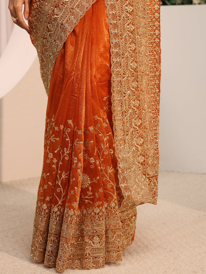 Orange Floral Embellished Net Saree With Unstitched Blouse Piece