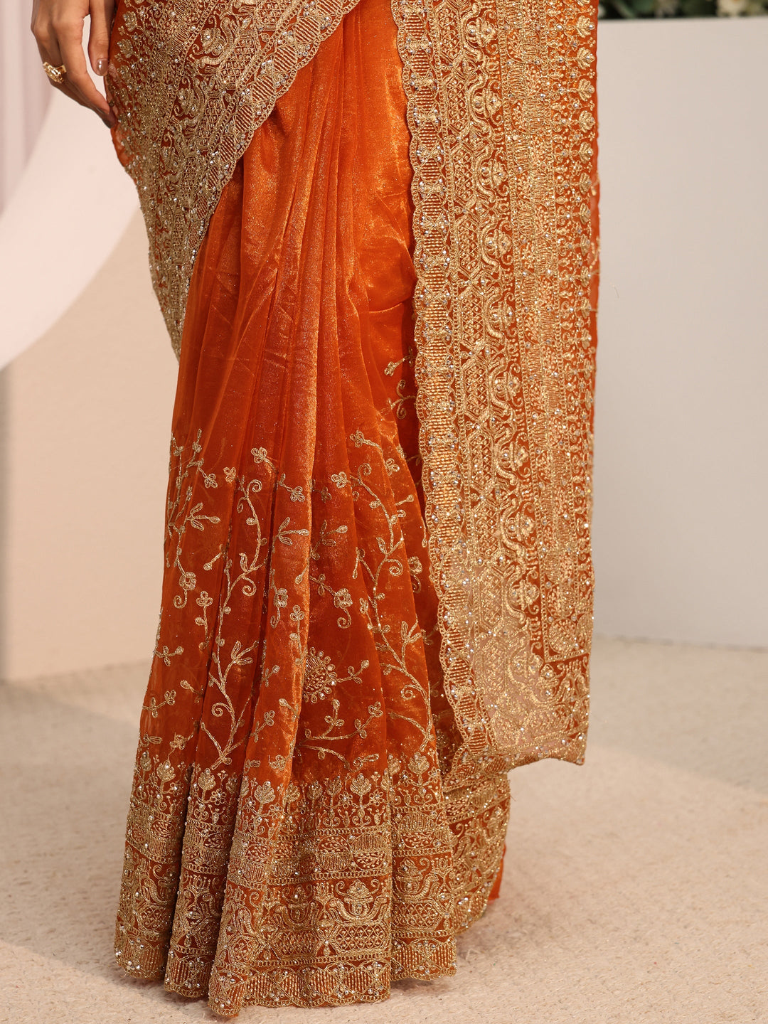 Libas Orange Floral Embellished Net Saree With Unstitched Blouse Piece