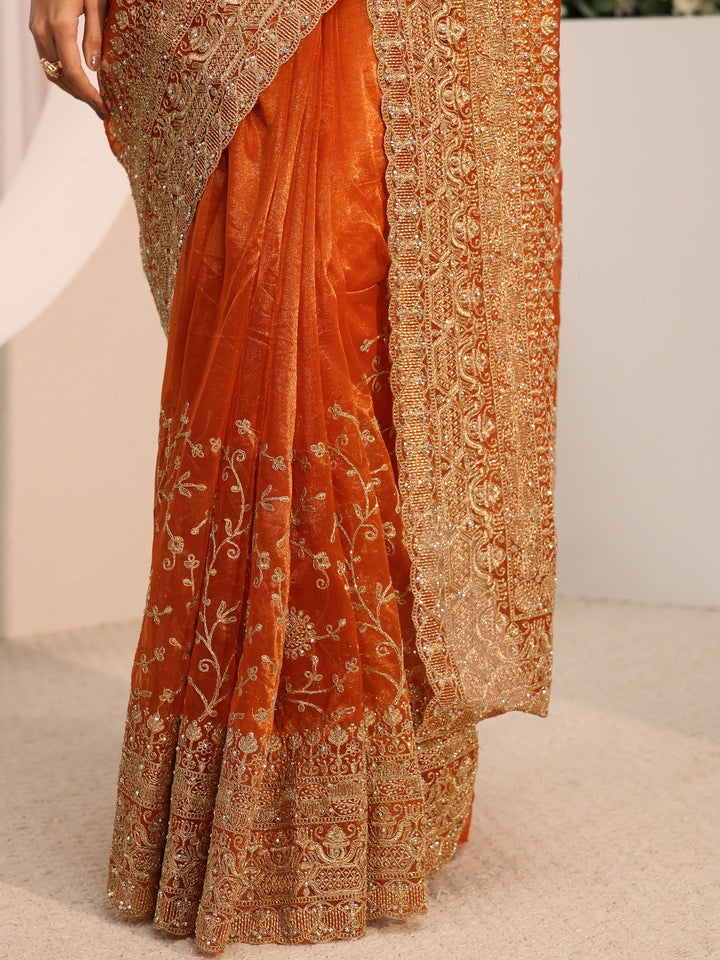 Libas Orange Floral Embellished Net Saree With Unstitched Blouse Piece