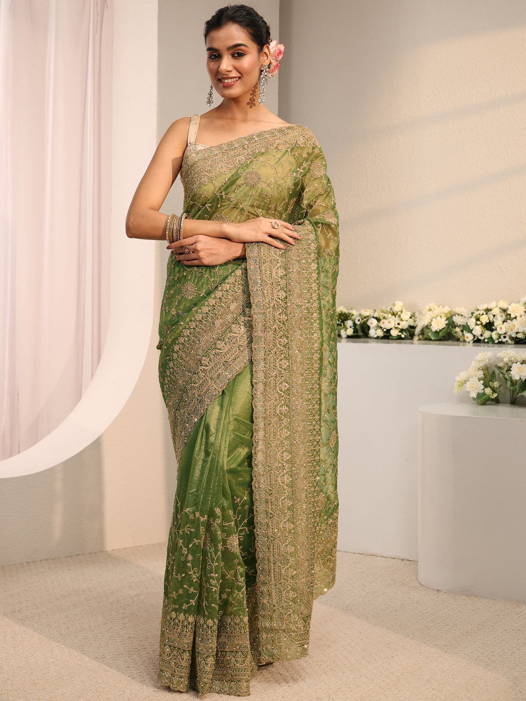 Libas Green Floral Embellished Net Saree With Unstitched Blouse Piece