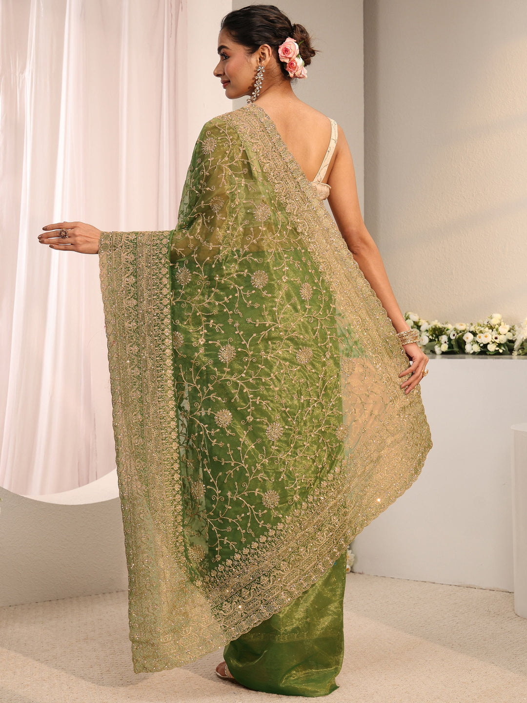 Libas Green Floral Embellished Net Saree With Unstitched Blouse Piece