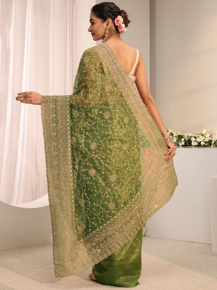 Libas Green Floral Embellished Net Saree With Unstitched Blouse Piece