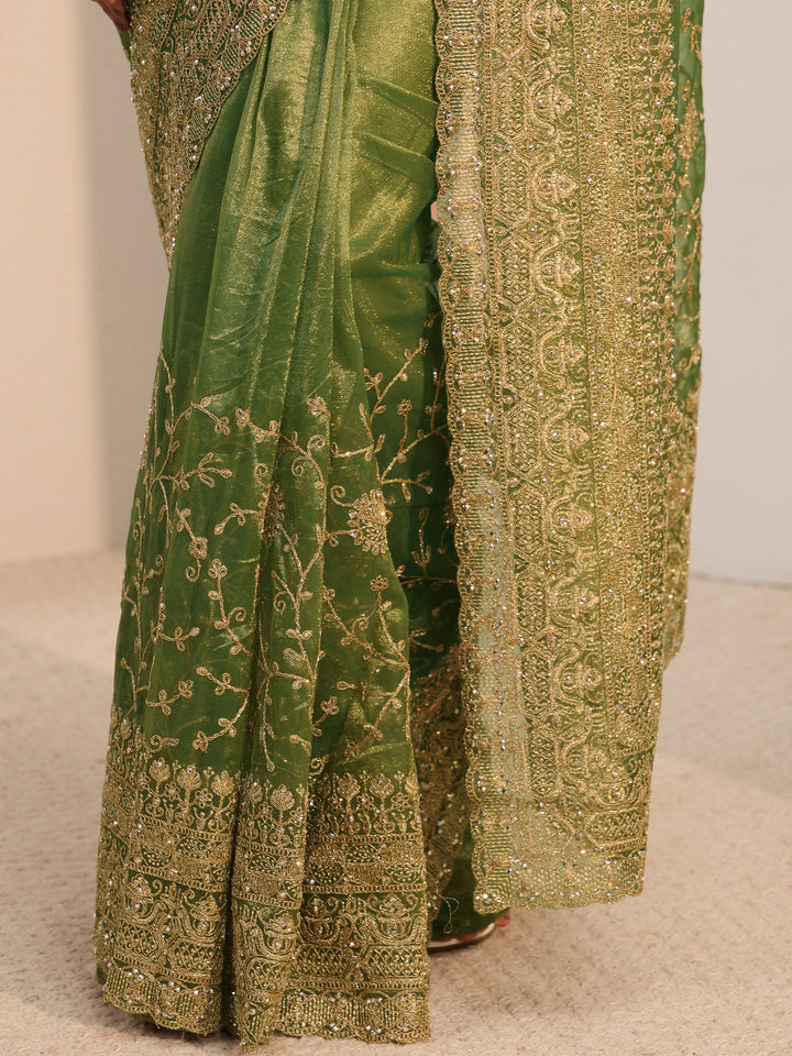 Libas Green Floral Embellished Net Saree With Unstitched Blouse Piece