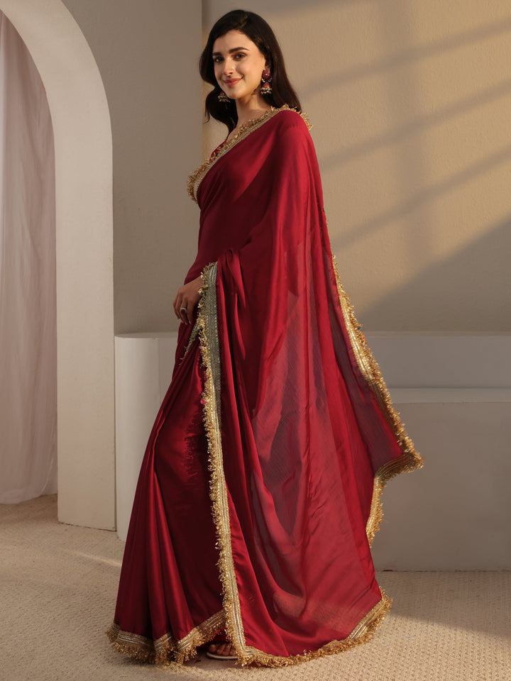 Red Solid Chiffon Saree With Unstitched Blouse Piece