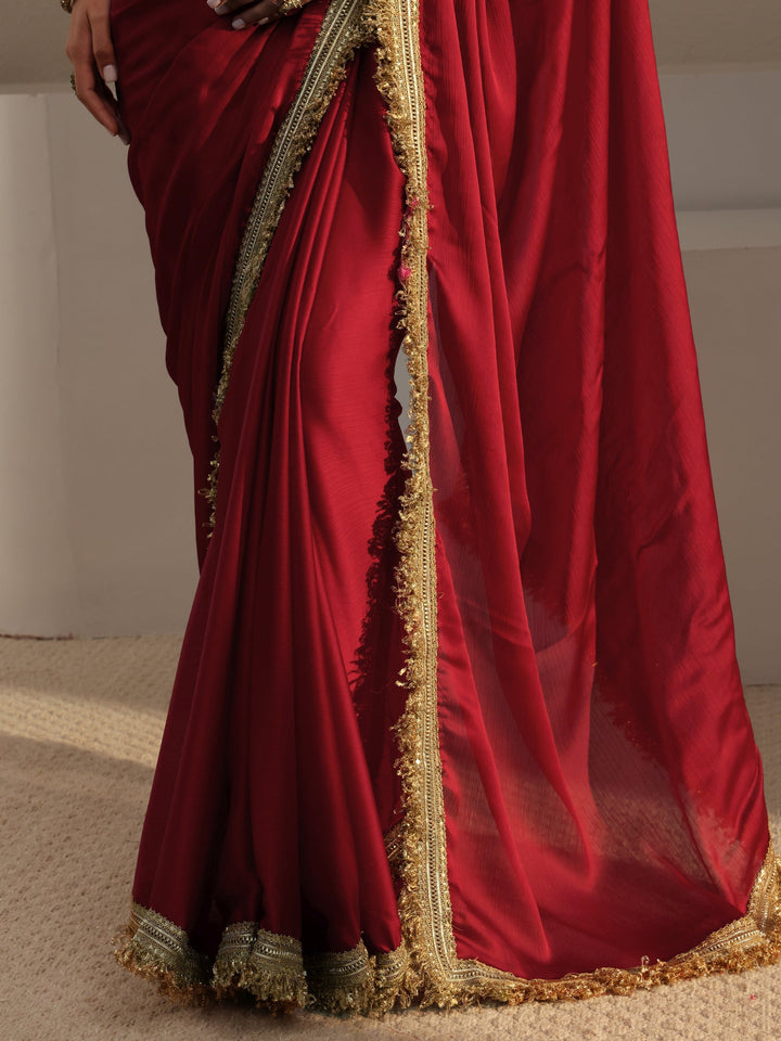 Red Solid Chiffon Saree With Unstitched Blouse Piece