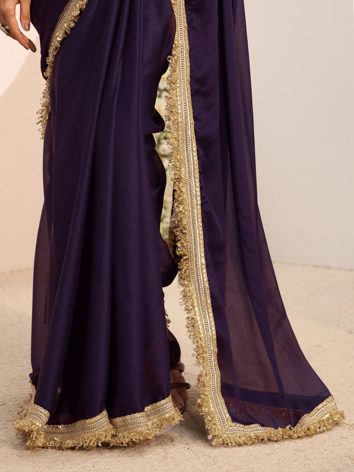 Purple Solid Chiffon Saree With Unstitched Blouse Piece