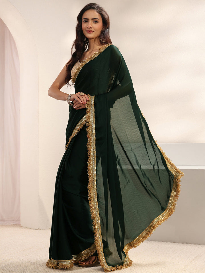 Green Solid Chiffon Saree With Unstitched Blouse Piece