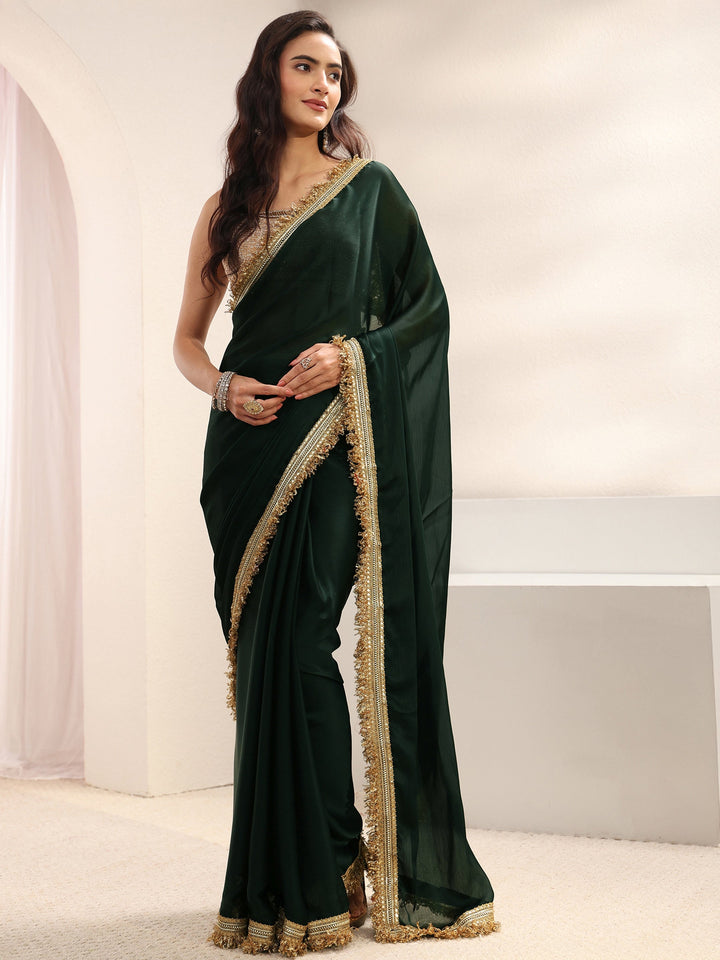 Green Solid Chiffon Saree With Unstitched Blouse Piece