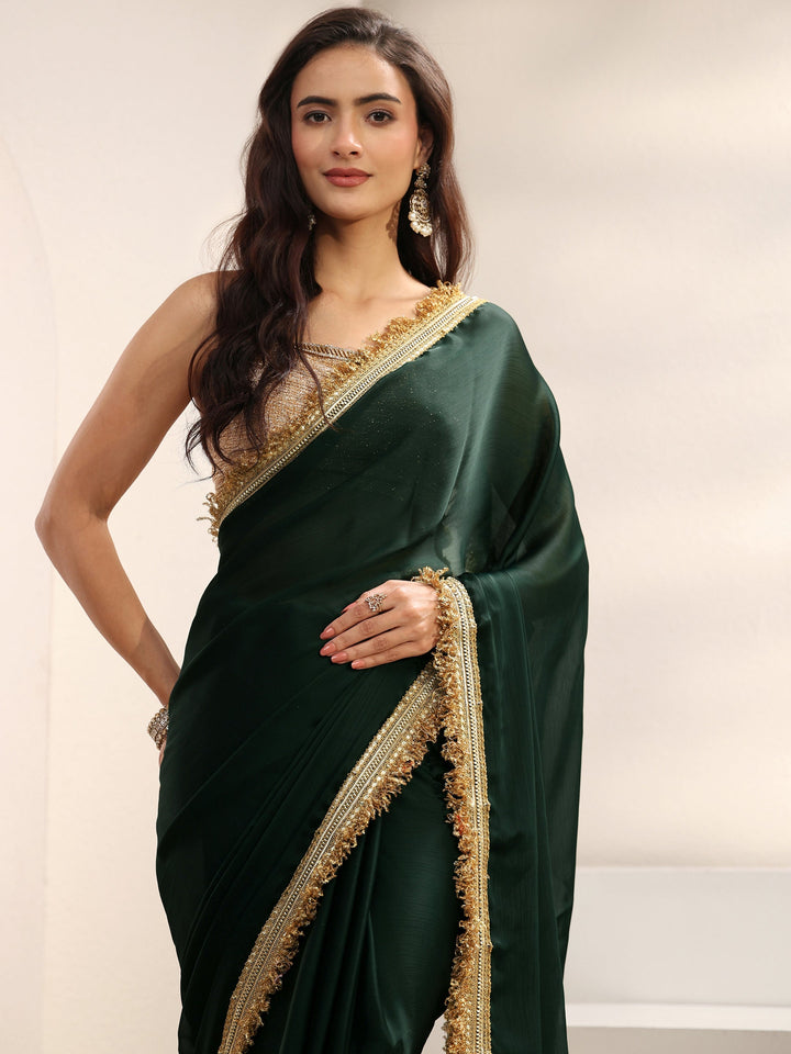 Green Solid Chiffon Saree With Unstitched Blouse Piece