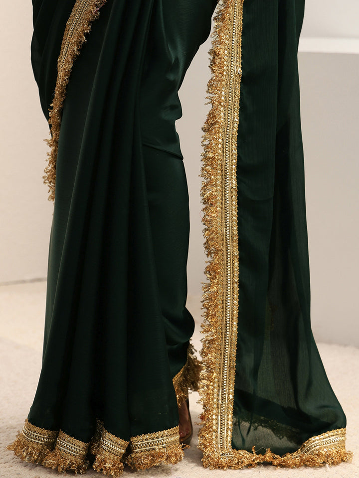 Green Solid Chiffon Saree With Unstitched Blouse Piece