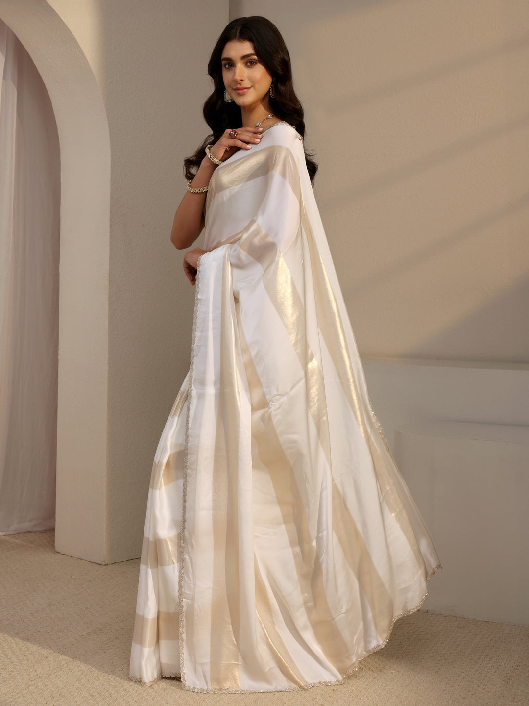 White Striped Embellished Tissue Saree With Unstitched Blouse Piece