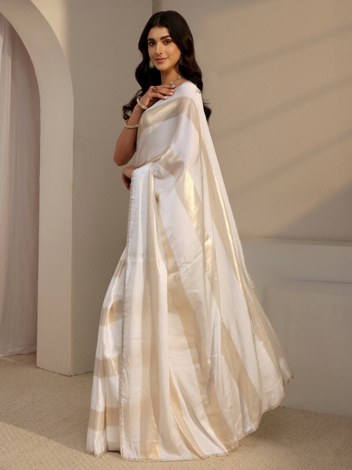 White Striped Embellished Tissue Saree With Unstitched Blouse Piece