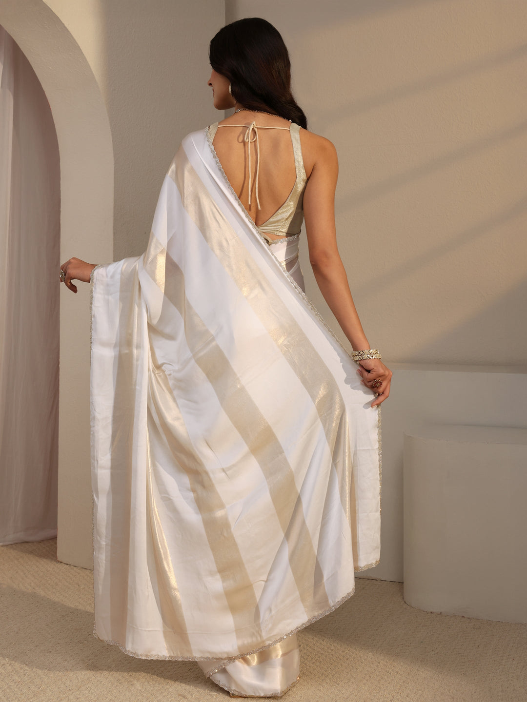 White Striped Embellished Tissue Saree With Unstitched Blouse Piece