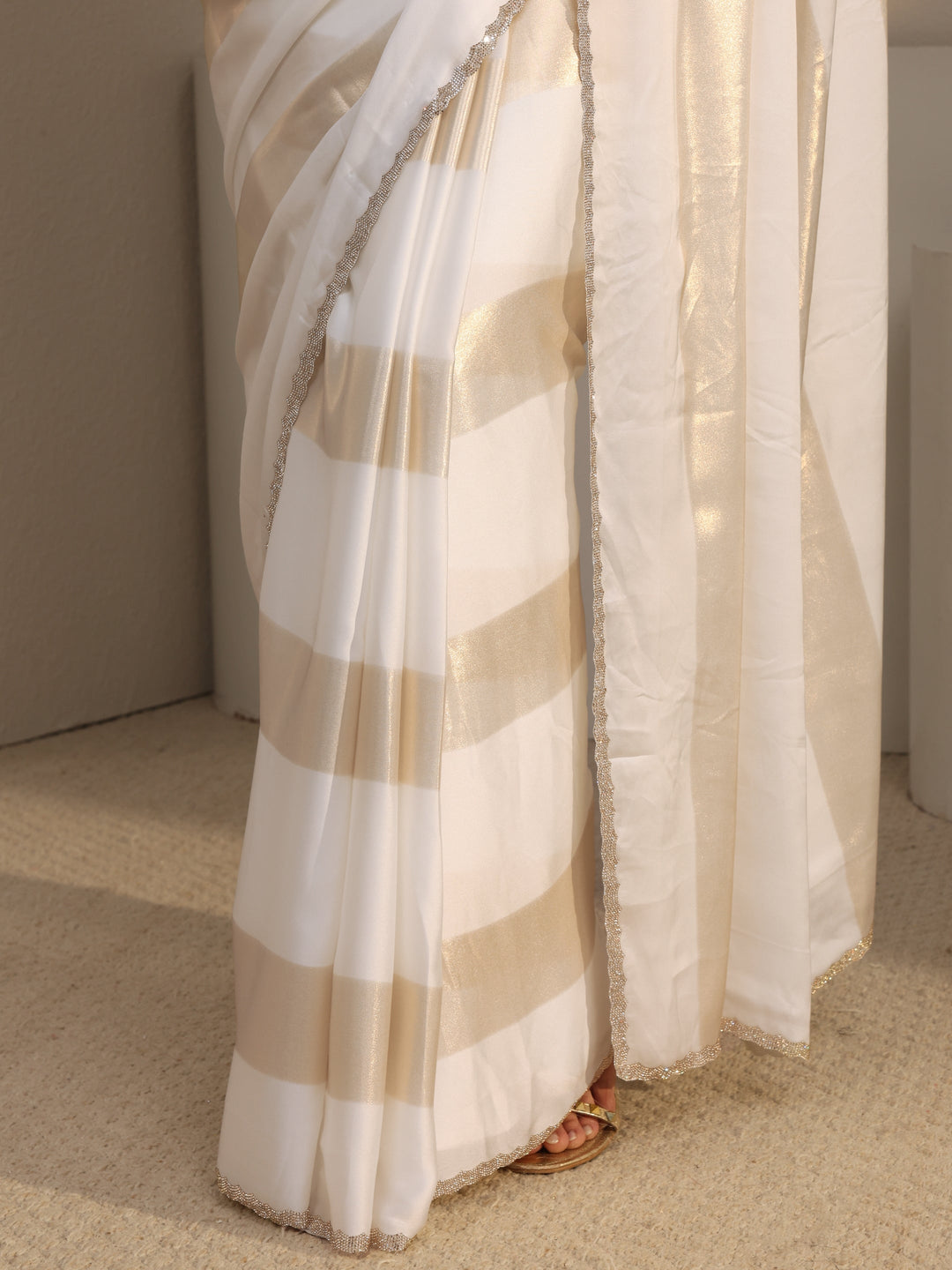 White Striped Embellished Tissue Saree With Unstitched Blouse Piece