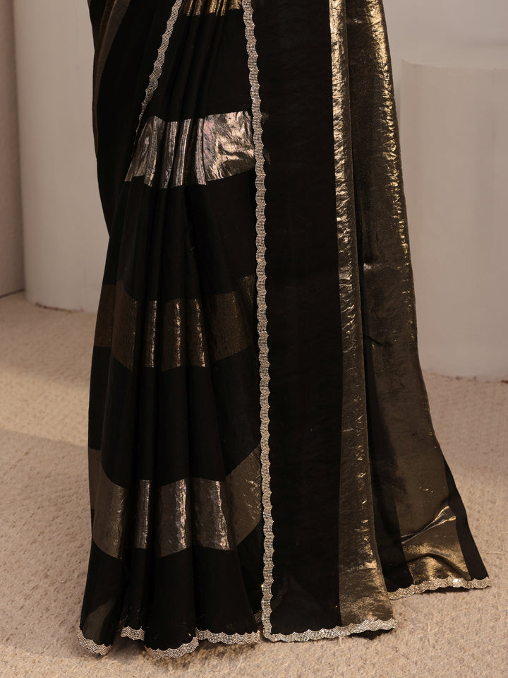 Libas Black Embellished Tissue Saree With Unstiched Blouse Piece