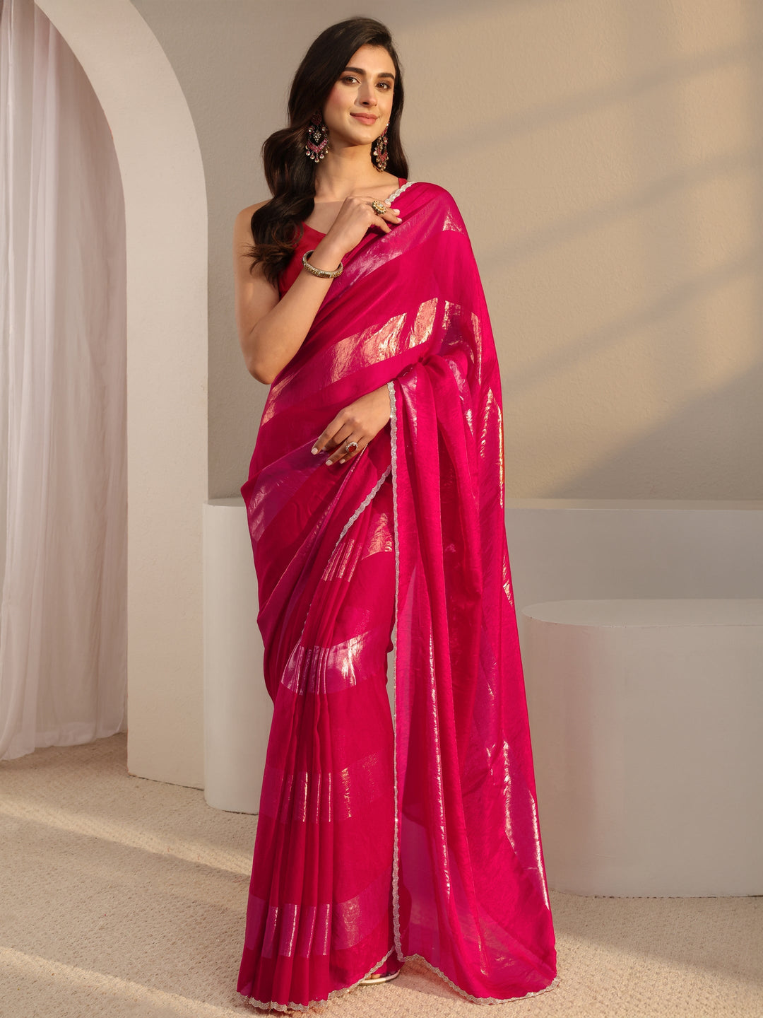 Libas Pink Striped Embellished Tissue Saree With Unstitched Blouse Piece